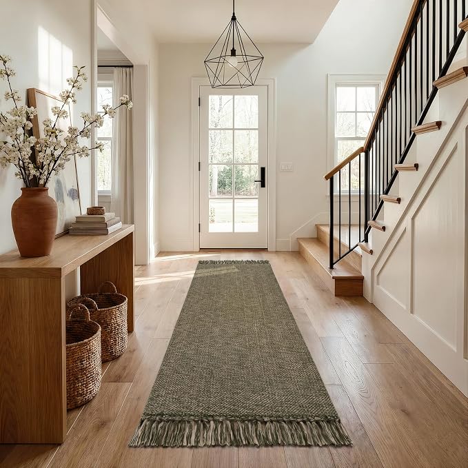 Collive Boho Hallway Runner Rug, 2.6' x 7' Moss Green Bathroom Mats Washable Modern Farmhouse Kitchen Runner Rugs, Hand Woven Entry Hall Carpet for Laundry Bedroom Decor