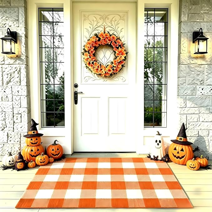 Halloween Orange and White Buffalo Plaid Rug,2'4'' x 3'7'' Indoor Outdoor Washable Rug, Spooky Accent Mat for Halloween Indoor Outdoor Decor, Porch, Living Room, Entryway, Patio