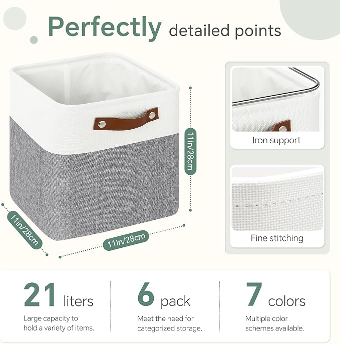 FinishingBo 11 inch Cube Storage Bin 6 Pack, Cube Organizer Bins | Fabric Storage Bins With Handles, 11x11 Storage Cubes, Shelf Basket, White/ Gray