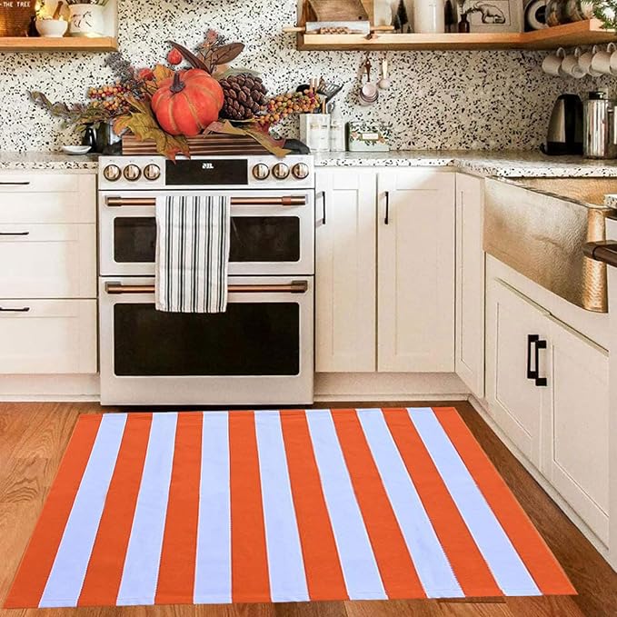 CAINANEL Fall Outdoor Rug Orange and White Striepd Rug 3' x 5' Front Door Mat Halloween Thanksgiving Fall Autumn Home Decor, Layerd Welcome Doormat for Front Porch Decor, Front Door, Farmhouse Decor