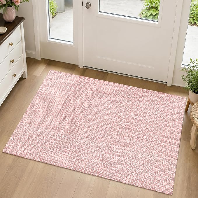 Rugalia Pink Woven Indoor Outdoor Doormat, 2x3 Washable Cotton Small Entryway Rug Low Pile Non-Slip Kitchen Rug, Modern Farmhouse Natural Throw Rug for Porch Bathroom Entrance Bedroom