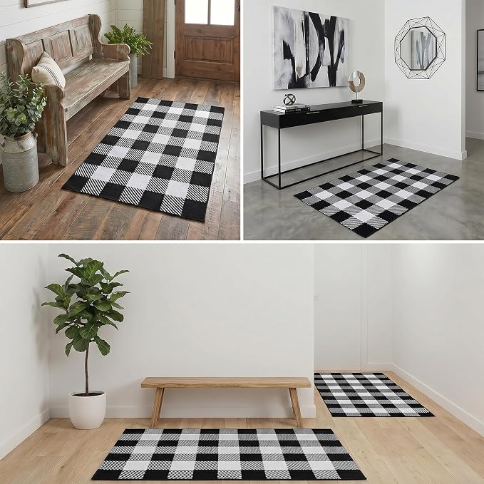 Black and White Buffalo Plaid Rug 28" x 43", Machine Washable Layering Mat for Front Door, Entryway, Kitchen, Indoor Outdoor Low Profile Cotton Woven Check Rug