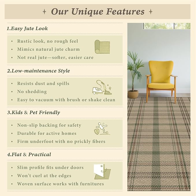 JTJ Easy Jute Plaid Outdoor Rug 8x10, Washable Indoor Outdoor Area Rug for Patio, Porch, Deck, Dining Room, Non Slip Farmhouse Tartan Rug in Sage Green and Beige