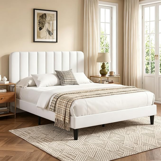 VECELO Full Size Bed Frame with Upholstered Headboard, Velvet Platform Bedframe Mattress Foundation, Strong Wood Slat Support, No Box Spring Needed,White