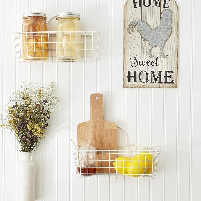DII Farmhouse Vintage Decor, Wire Wall Basket, Small, Antique White, 2 Piece