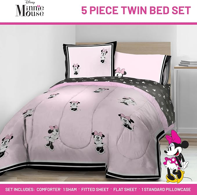 Jay Franco Kids Comforter Set Includes Sheets and Pillow Covers - Soft and Cozy Bed Set for Stylish Room Decor, Official Licensed Bedding, Multi - Minnie Mouse, 5 Piece Twin