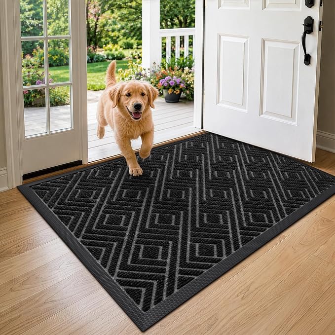 DEXI Front Door Mat Outside Entrance, 32x48 Heavy Duty Entry Doormat Dirt Trapper with Rubber Back, Non Slip Low Profile Floor Mats for Entryway Exterior Patio, Checkered Black