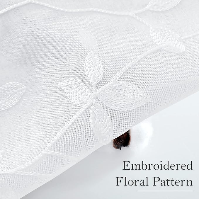 HOMEIDEAS White Sheer Curtains 52 X 63 Inches Length 2 Panels Embroidered Vine - Image 2