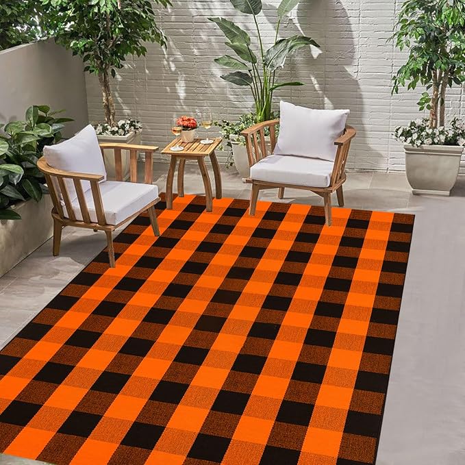 Buffalo Plaid Outdoor Rugs, 4' x 6' Orange and Black Checkered Indoor/Outdoor Area Rug, Layering Rug for Hello/Welcome Door Mat, Washable Cotton Woven Farmhouse Mat for Fall Front Porch Décor