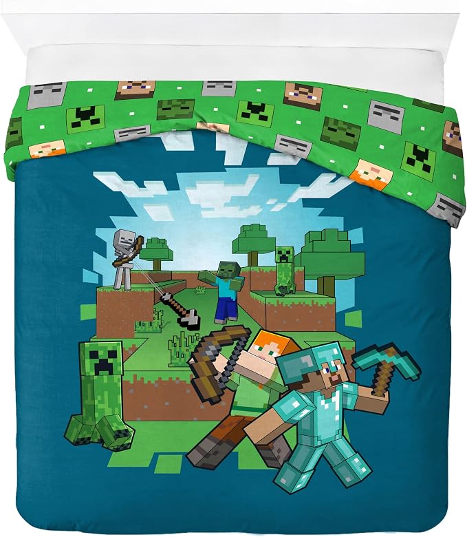 Jay Franco Duvet Cover Set – 3 Piece Comforter Cover and Sham Set, Super Soft Cozy Kids Bedding (Insert Not Included) Blue - Minecraft, Queen