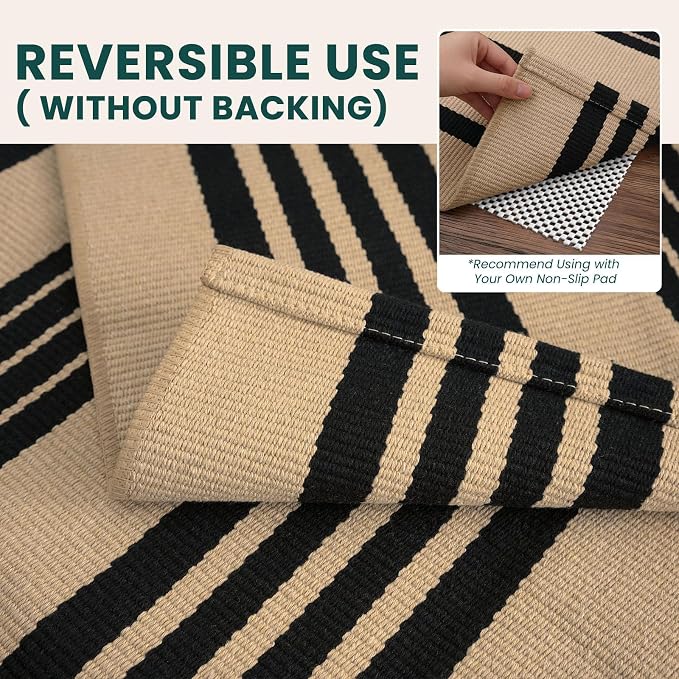 KOZYFLY 5x7 ft Area Rug Brown and Black Striped Living Room Rug Woven Washable Cotton Farmhouse Indoor Outdoor Rugs for Porch Patio Bedroom Dining Room Carpet