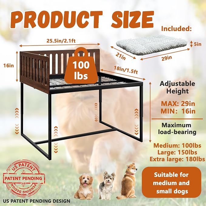 Beside Dog Bed,2 Panels Adjustable Height Dog Bunk Beds,25.5‘’x18‘’Metal Dogs Bed Frame with Cushion,Medium
