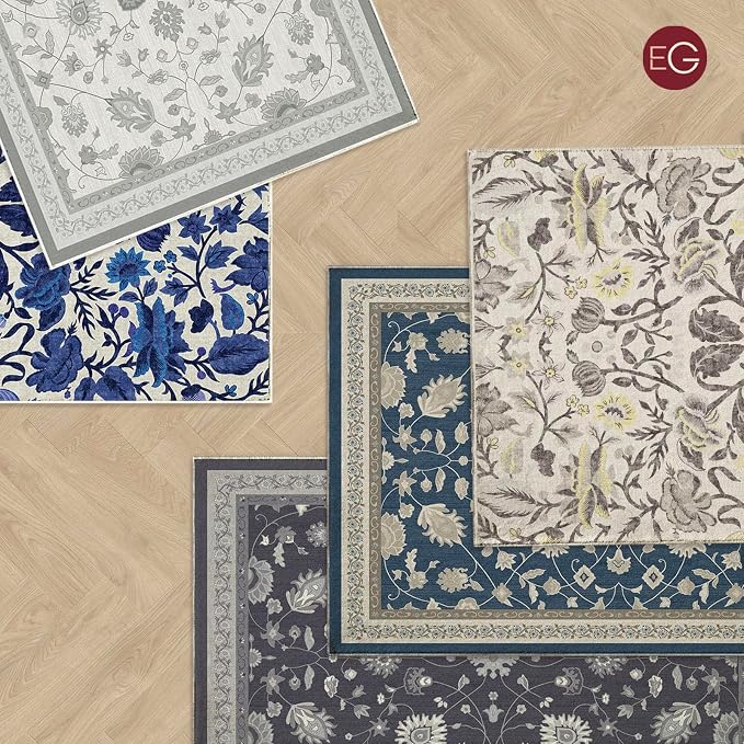EVERGRACE Area Rugs for Living Room 4x6, Boho Floral Faux Wool Indoor Outdoor Rugs, Washable Rugs for Bedroom Entryway Dining Room Hallyway, Low Pile Floor Mat Carpet for Home Decor, Cool Gray