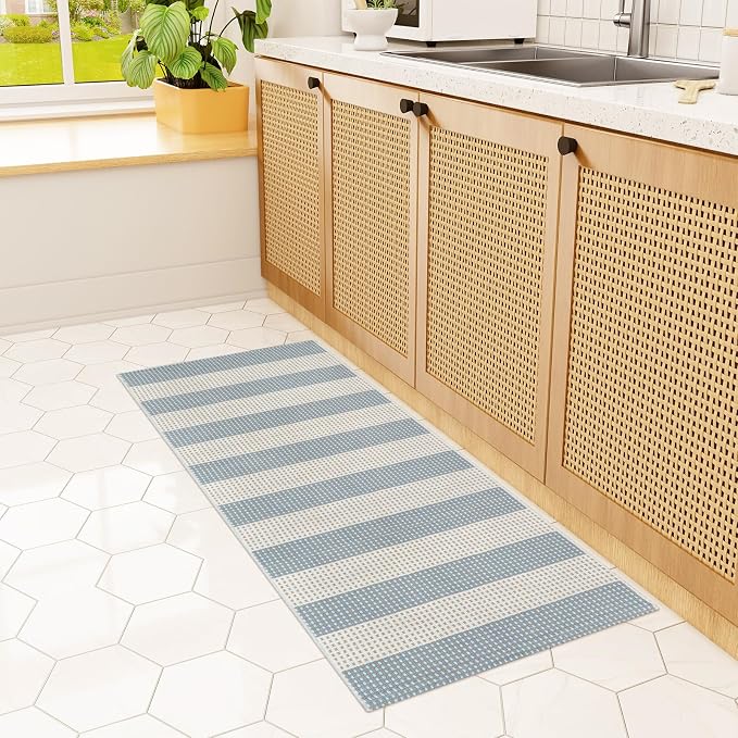 Boho Striped Outdoor Mats for Front Door 2'x4.3',Blue and Cream Washable Rug Runner,Cotton Hand Woven Indoor Outdoor Rugs,Foldable Farmhouse Layered Door Mats for Entryway