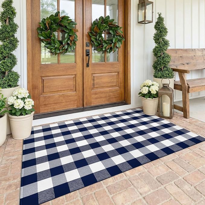 KOZYFLY Buffalo Plaid Area Rug 4x6 Ft Checkered Rug Washable Cotton Outdoor Rugs for Bedroom Blue and White Front Door Mat Carpet for Front Porch Living Room Dining Room Kitchen