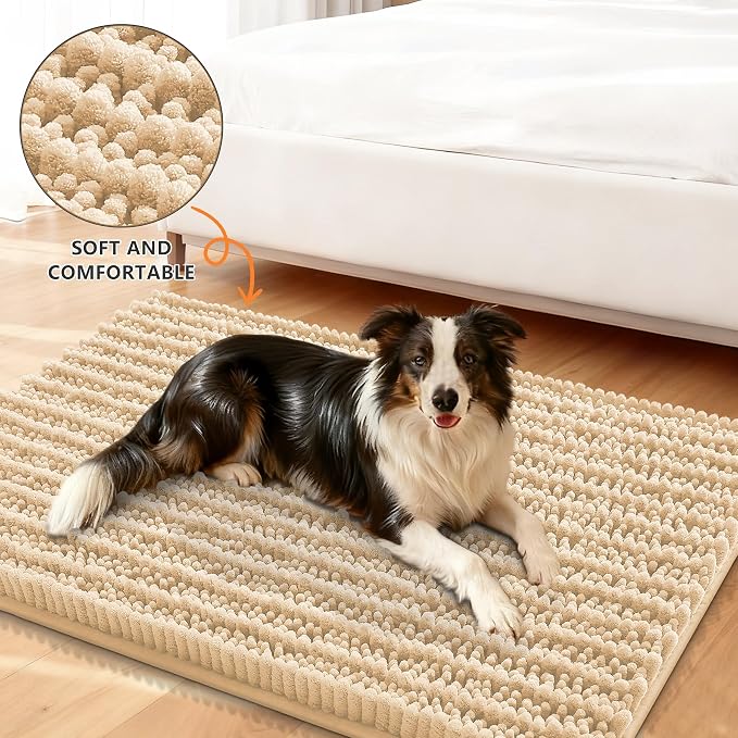 Smiry Dog Door Mat for Muddy Paws 40x32, Absorbent Dirt Trapper, Non-Slip Washable Chenille Entryway Rug for Inside Floor, Beige, Layered Pattern