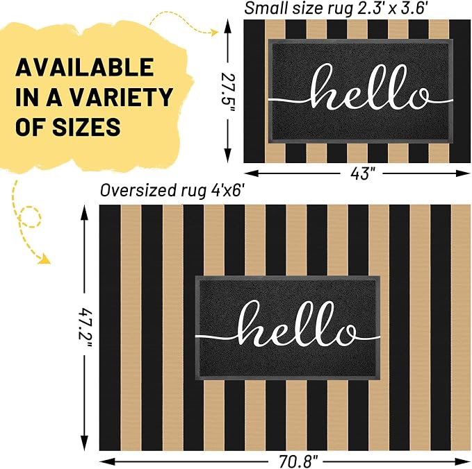 KILOCOCO Striped Rug 4x6 ft Washable Front Door Outdoor Rug, Brown Black | Cotton Front Porch Rug, Woven Living Room Rug, Low Pile Mat for Entryway, Layered Farmhouse Kitchen Patio Carpet