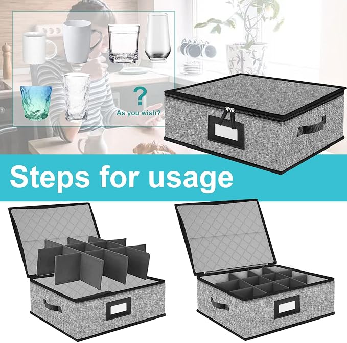 5 PACK China Storage Containers-Quilted Mug Storage and Moving Boxes for Dishes,Dish Packing Supplies for Moving,Dinnerware &Accessories,Holds a total of 48 plates (4 sizes) and 12 cups(Grey) | Holds 48 Plates (4 sizes) and 12 Cups,Dish Packing Supplie...