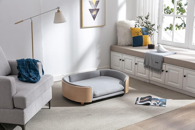 Pet Sofa Bed for Small Medium Dogs Cats, Removable Washable Plush Cushion Elevated Anti-Slip Durable Pet Couch Lounge Furniture for Living Room Bedroom (Light Gray, Large)