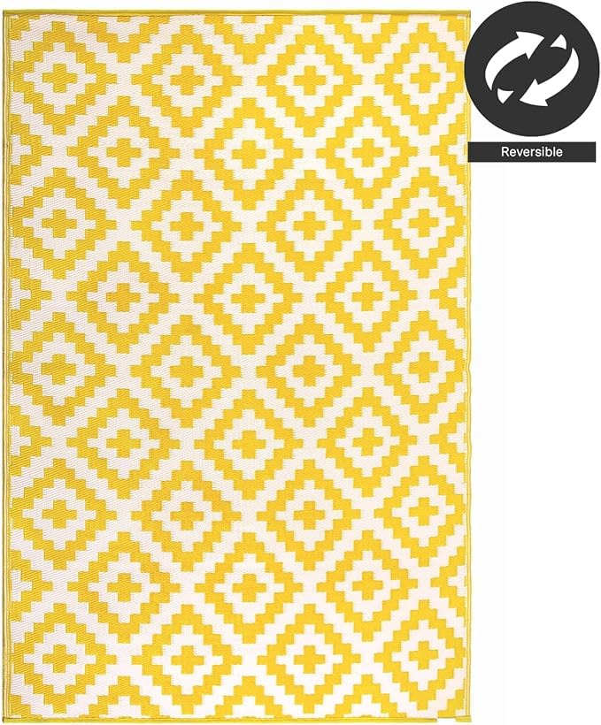 FH Home Outdoor Camping Rug - Waterproof, Fade Resistant, Reversible - Premium Recycled Plastic - Geometric - Picnic, Patio, Deck, Sunroom, RV - Aztec - Yellow & White - 4 x 6 ft Foldable