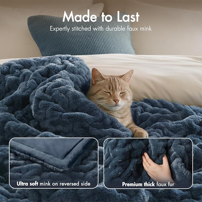 Madison Park Ruched Fur Throw Faux Fur Blanket, 50" x 60", Slate Blue | Luxury, Premium, Soft Cozy Brushed Long Pile, All Season Plush Modern OEKO- TEX Certification Warm For Bed, Couch or Sofa