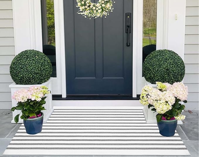 Striped Outdoor Porch Rug 27.5"x43",Farmhouse Grey and White Layered Doormat Cotton Woven Washable Entryway Rug Indoor Outdoor Front Door Mat for Porch/Entryway/Home Entrance Decor