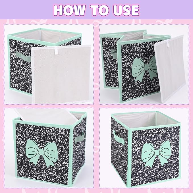 Kathfly 6 Pcs 11" Composition Notebook Fabric Classroom Storage Bins Pastel Bow Cubby Bins Storage Baskets with Handles for School Classroom Lost and Found Prize Office Home Organizer Supplies