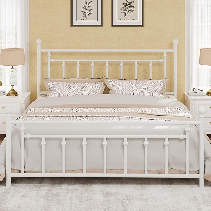 SHA CERLIN 14" King Size Metal Platform Bed Frame/Victorian Headboard and Footboard/Steel Slats Mattress Foundation for Storage/No Box Spring Needed/Noise Free/White