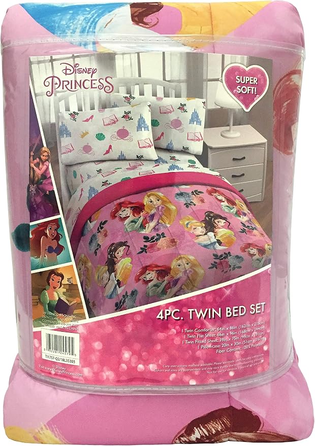 Disney Princess Twin Comforter Set 4 Piece Kids Bedding for Girls, Pink | Bed in a Bag, Comforter Sheets Pillowcase, Official Product, Soft Microfiber, Machine Washable, Easy Care, Girls Gift