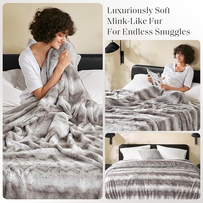 Madison Park Zuri Ultra Soft Faux Fur Queen Blanket Reversible, Grey | Ultra Soft, Breathable Fabric for Bed or Couch, Lightweight, Plush, OEKO-TEX Certified
