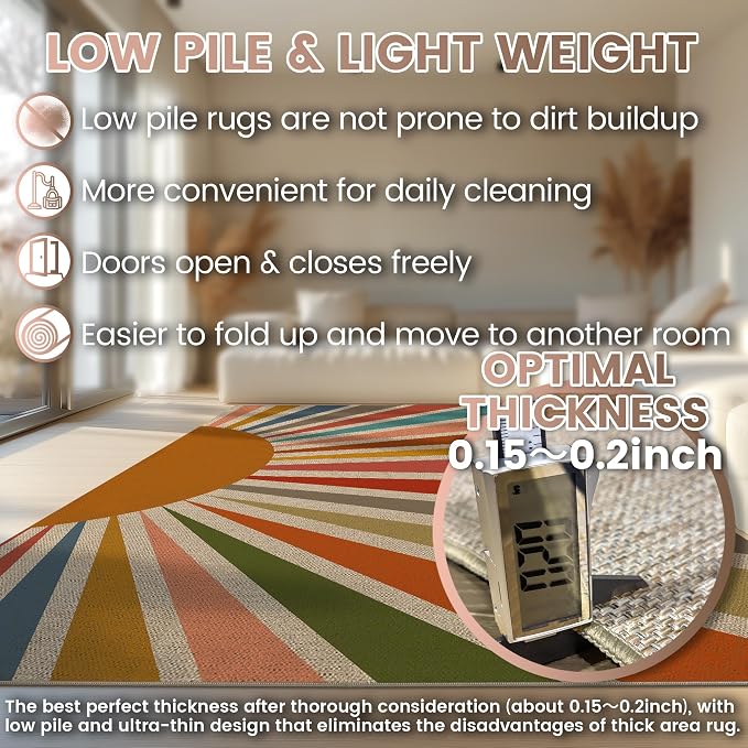 Washable Sun Easy Jute Runner Rug, 2x8 Rainbow Sun Modern Boho Retro Outdoor Indoor Patio Farmhouse Rug, Woven Ultra Thin Non Slip Long Runner Carpet Door Mat for Hallway Kitchen 8ft Entryway Porch