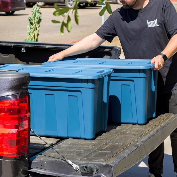 IRIS USA 4-Pack 20 Gal Heavy Duty Storage Totes with Lids, Navy | Heavy-duty design with easy-grip handles for comfortable carrying, Great for tools, garage organization, camping gear