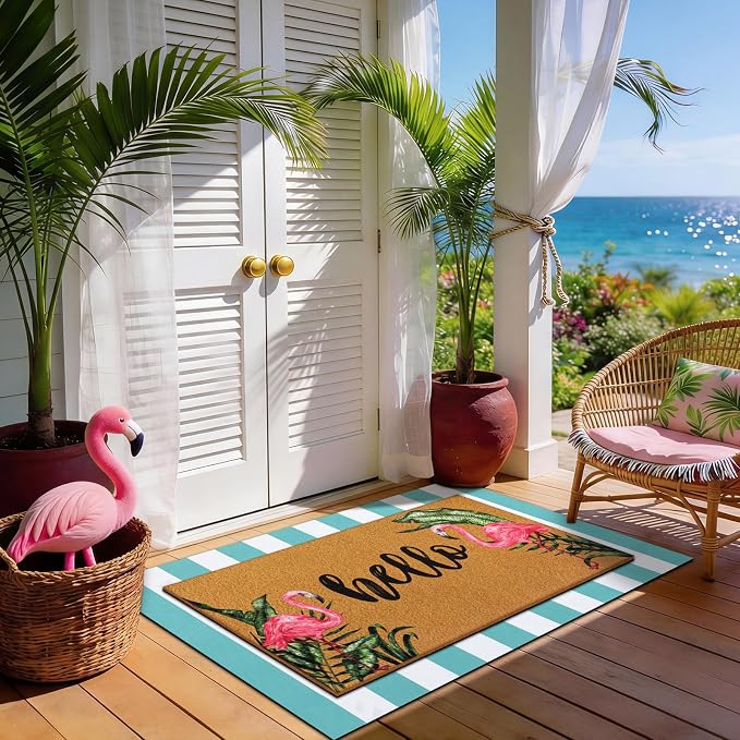Tinideya 2 Pcs Summer Flamingo Layering Doormats Sets, Tropical Palm Leaves Hello Coir Door Mat with Rug for Porch Entryway Outdoor Decor