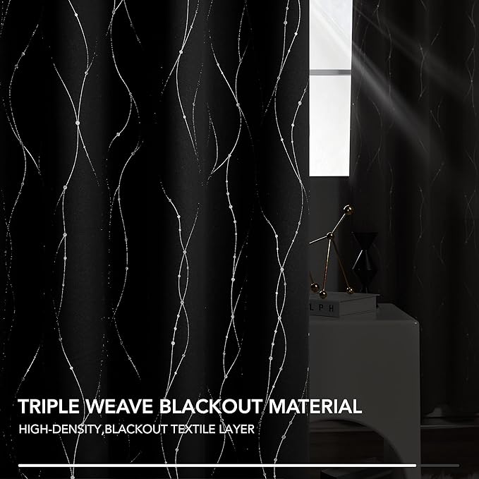 Deconovo Blackout Curtains 72 Inch Long 2 Panels, Black Drapes, Thermal Insulated Noise Reducting Privacy Curtain with Silver Print, Grommet Top, Machine Washable Window Panel for Living Room Office