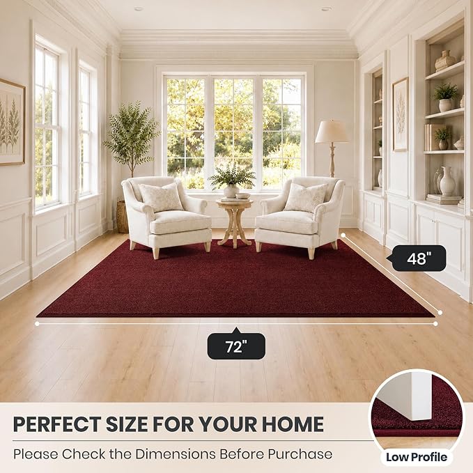 PURRUGS Easy Care Area Rug 4ft x 6ft, Non-Slip Machine Washable Entryway Rug, Dog Door Mat, Stain Resistant Accent Rug for Hallway, Living Room, Bedroom and Mudroom, Burgundy Red