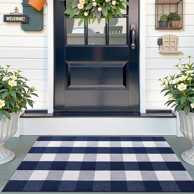 OLANLY Buffalo Plaid Rug 2'4" x 3'7" (27.5" x 43") – Navy and White Cotton Checkered Doormat, Washable Indoor Outdoor Rug for Layered Front Porch, Kitchen, Entryway Decor