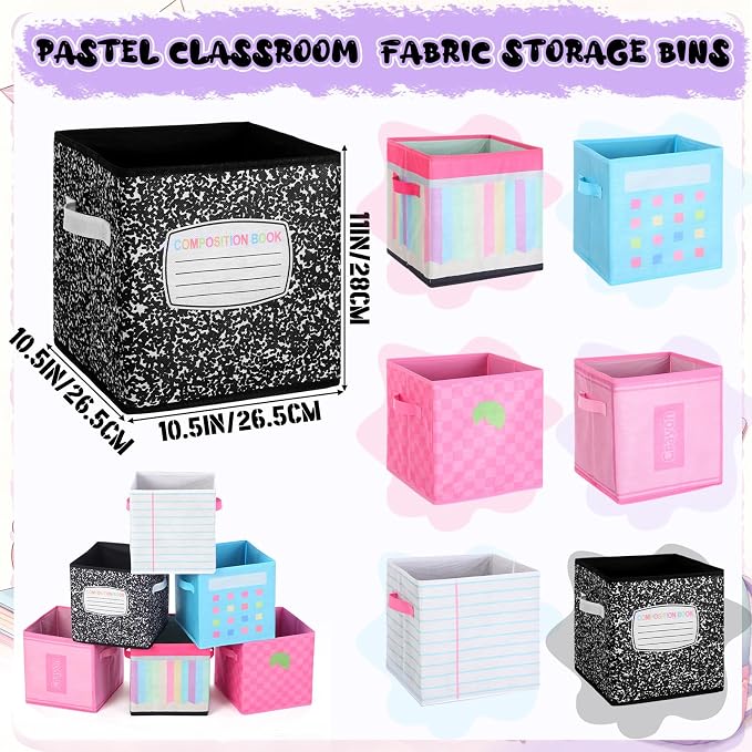 Kathfly 6 Pcs 11" Back to School Pastel Fabric Classroom Storage Bins Cubby Bins Storage Baskets with Handles for School Classroom Lost and Found Decor Office Home Organizer Supplies