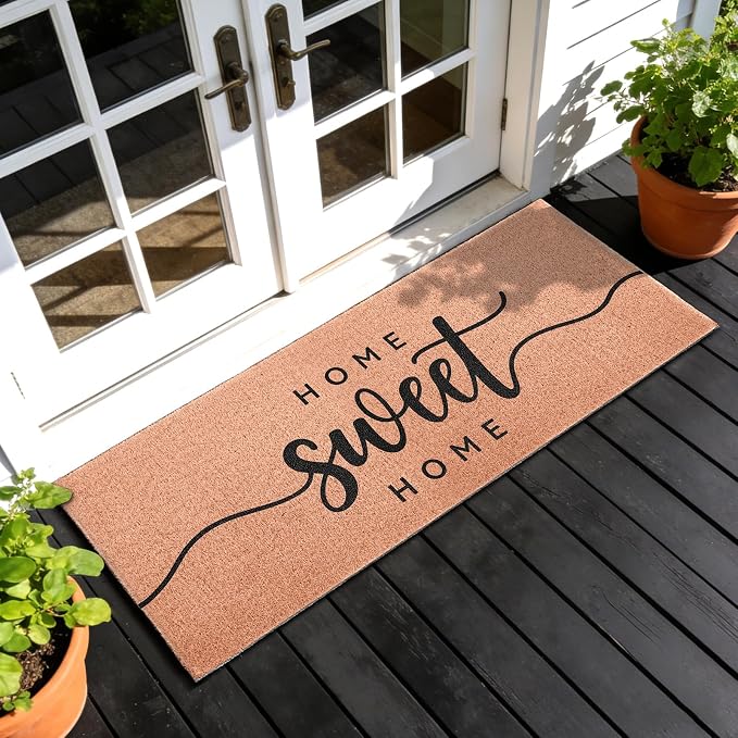 Home Sweet Home Long Doormat for Double Door Entrance, 24x59 Inch | Extra Large Heavy Duty Front Porch Rug with Non Slip PVC Backing, Oversized Decorative Mat for Indoor Outdoor Entryway