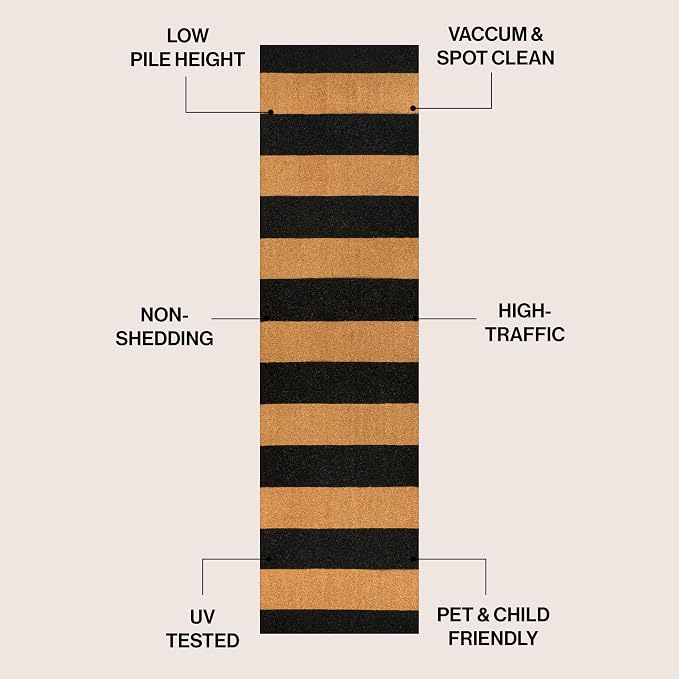JONATHAN Y Natural Coir Indoor/Outdoor Runner Rug 2X8 Natural/Black Stripe, Peater Classic Casual Commerical Doormat Ideal for Door Entrance, Patio, Porch, Backyard, Garages NRF105A-28