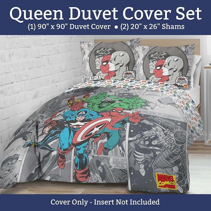 Jay Franco Duvet Cover Set – 3 Piece Comforter Cover and Sham Set, Super Soft Cozy Kids Bedding (Insert Not Included) Grey - Marvel Comics, Queen