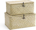 Nonam Storage Basket with Lid, Natural Seagrass Bin with Lid Set of 2, Shelf Baskets Multipurpose Container for Boho Decoration, Rectangular Household Storage Boxes for Home Organization-White