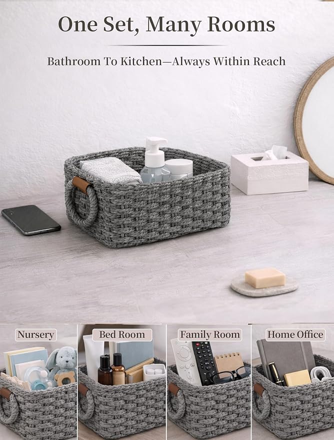 Small Wicker Baskets, 3 PCS Paper Rope Baskets for Shelves, Gray | Recycled Small Baskets, 3 Sizes Woven Baskets for Organizing, Decorative Storage Baskets for Bedroom and Bathroom