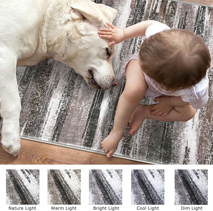 Lansny Modern Abstract 4x6 Living Room Washable Rug Non-Slip Soft Bedroom Area Rug Dark Light Brown White Thin Print Faux Wool Floor Carpet Throw Rugs for Nursery Playroom Dining Room Indoor Office