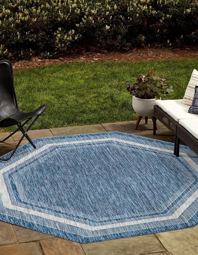 Unique Loom Outdoor Border Collection Area Rug - Soft Border (5' 3" Octagon, Blue/ Ivory)