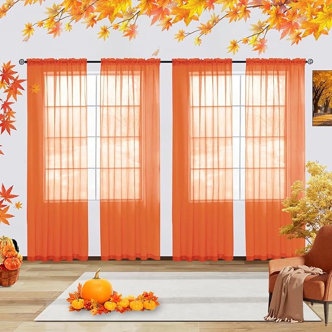 youleyar Solid Sheer Rod Pocket Curtain Voile Draperies 4 Panels White Beige Black Grey Ivory 52 Inch Width 90 Inch Long 1 Pair for Kitchen Bedroom Children Living Room Yard(Burnt Orange,52 Wｘ90 L)