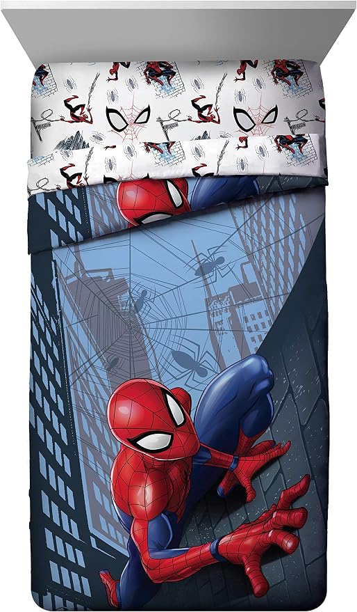 Marvel Spiderman Twin Comforter Set 4 Piece Kids Bedding for Boys, Multi | Bed in a Bag, Comforter Sheets Pillowcase, Official Product, Soft Microfiber, Machine Washable, Easy Care, Boys Gift