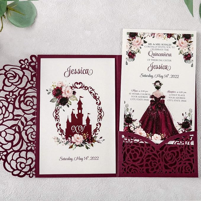 Burgundy 4.7x7 inch 50PCS Blank Quinceanera Invitations Kit