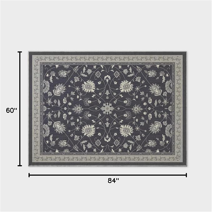 EVERGRACE Area Rugs for Living Room 5x7, Boho Floral Faux Wool Indoor Outdoor Rugs, Washable Rugs for Bedroom Dining Room Entryway Kitchen, Low Pile Floor Mat Carpet for Home Decor, Ebony Black