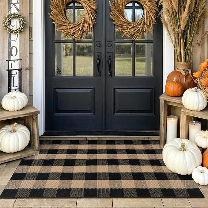 KIMODE Washable Outdoor Rug 3x5, Farmhouse Fall Front Door Mat, Black and Tan Checkered Patio Rug Carpet,Welcome Layering Rug for Front Porch Entryway Kitchen Outside Entrance