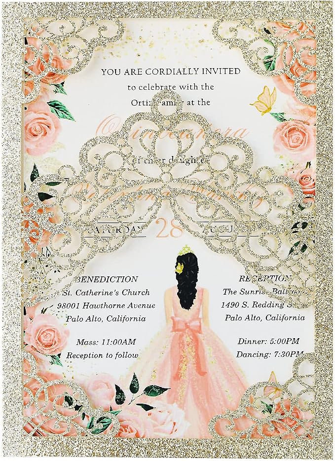 Hosmsua 50PCS Personalized Champagne Glitter Quinceanera Invitations Kit 5.1x7.3 Inch Laser Cut Floral Crown Pocket Quinceanera Invitation Cards with Envelopes for Birthday Quince Invitation